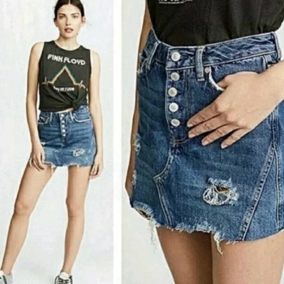 Free People Dresses & Skirts - FREE PEOPLE We The Free Denim Mini Jean Skirt Raw Hem Button Fly Size 30